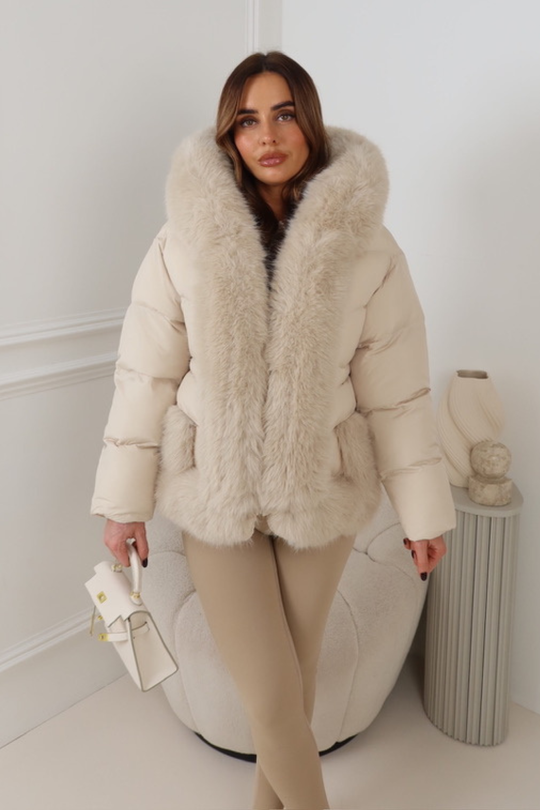 PALMA CREAM FAUX FUR HOOD & ZIP SHORT COAT