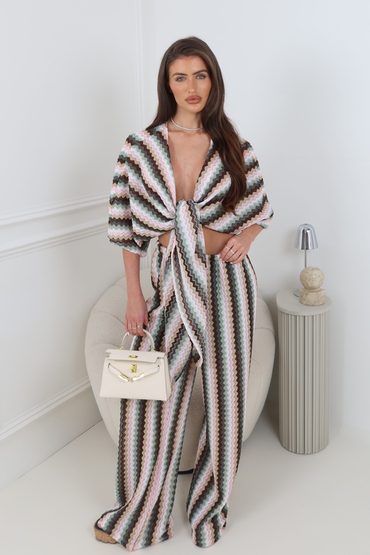 SAVANNAH KHAKI MULTI STRIPED WRAP TOP AND PANTS