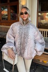 VIENNA CREAM DEER PRINT BALLOON SLEEVE PUFFER JACKET