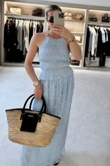 Ophelia blue chiffon open back top & maxi skirt co ord