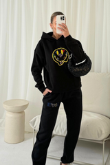 Smiley pattern black embroidered hoodie joggers loungewear