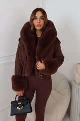 SILAS CHOCOLATE FAUX SUEDE CROPPED FAUX FUR CUFF & HOODED JACKET