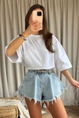 Joy light blue wide leg distressed denim shorts