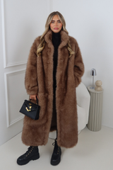 ELLE BROWN COLLARED MAXI LENGTH FAUX FUR COAT