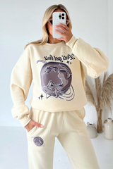 Lets Get Lost Ecru Printed Sweater Joggers Premium Loungewear Loungewear