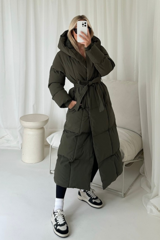 Willow khaki long hooded puffer duvet coat