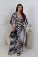SAVANNAH CHARCOAL MULTI STRIPED WRAP TOP AND PANTS CO ORD TWO PIECE SET