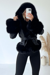Emelia Black hooded Pu leather Faux fur coat