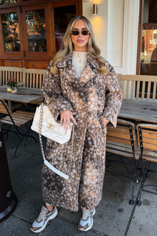 SABRINA BROWN DEER PRINT SOFT TOUCH TRENCH COAT