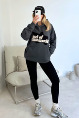 Out of this world steel grey embroidered applique relaxed hoodie