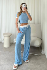 Kalli blue contrast waistband pants and crop top co-ord