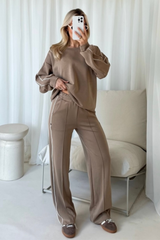 Romy mocha contrast piping sweater & trouser loungewear