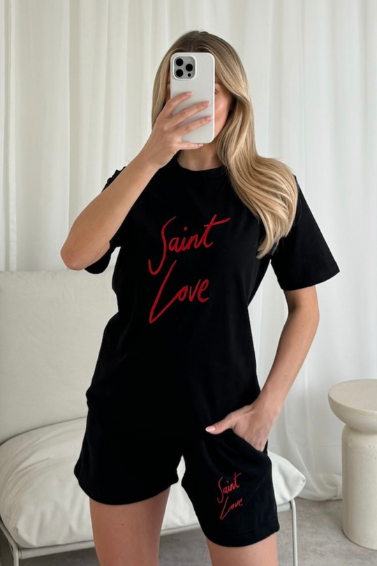 Saint Love black embroidered premium t-shirt shorts co-ord