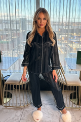 Aurora black striped satin button up pyjamas