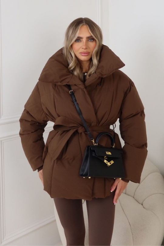 Alaska chocolate brown short padded duvet button up coat