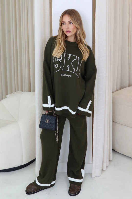 Ski resort khaki embroidered knitted jumper and trousers