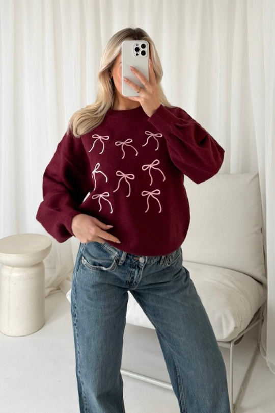 Ribbon bow embroidered burgundy knit sweater