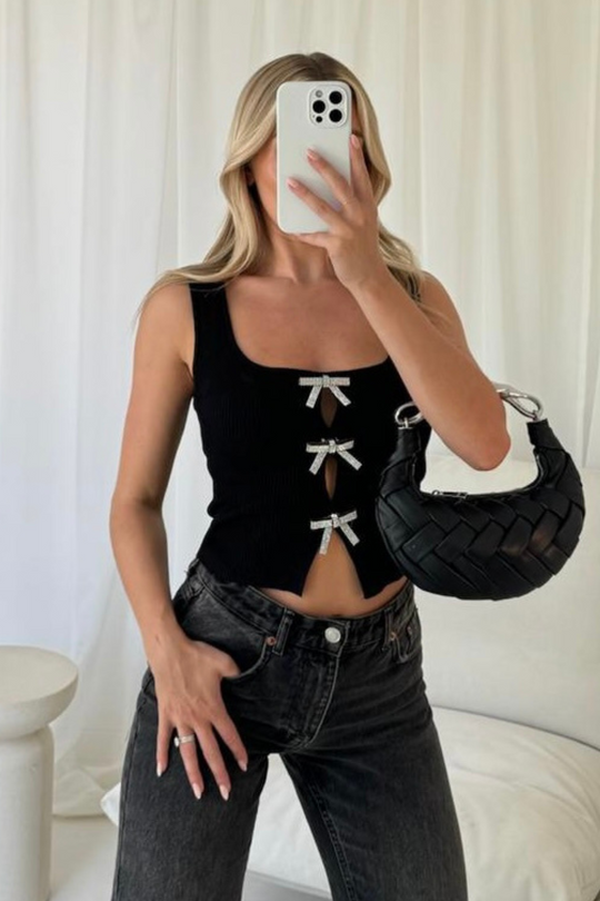 lola black diamante  bow button vest