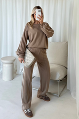 Romy mocha contrast piping sweater & trouser loungewear