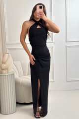 Anya black halterneck twist front midi dress