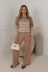 Beryl Beige striped denim collar trouser co-ord