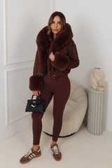 SILAS CHOCOLATE FAUX SUEDE CROPPED FAUX FUR CUFF & HOODED JACKET