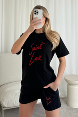 Saint Love black embroidered premium t-shirt shorts co-ord