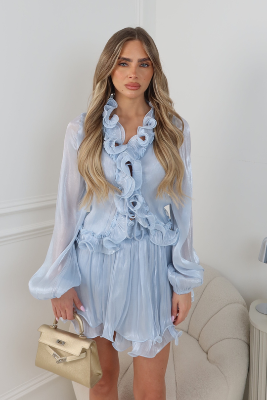 ELLIE BLUE RUFFLED TOP AND SKIRT CO-ORD