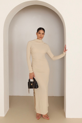 Nola beige crinkle jersey midi dress