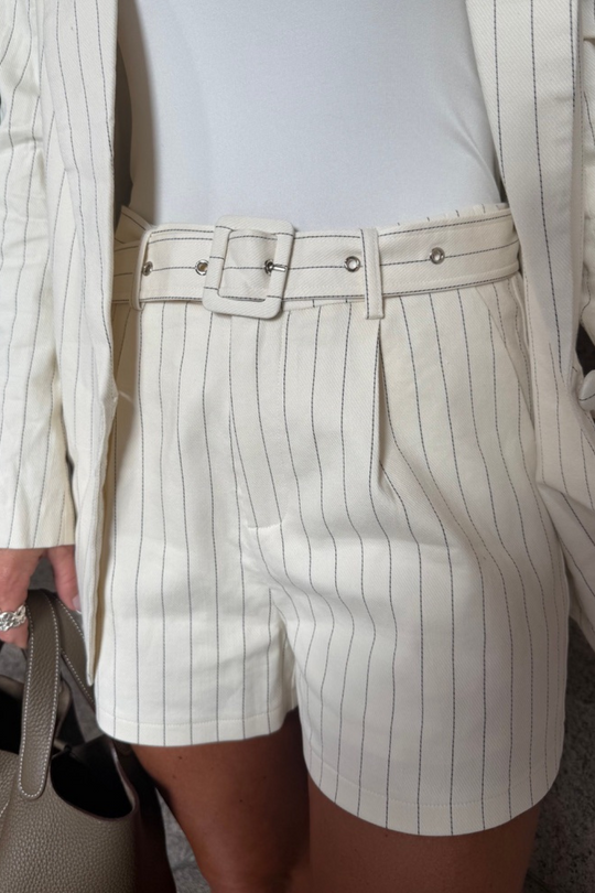 Abby beige pinstripe tailored shorts
