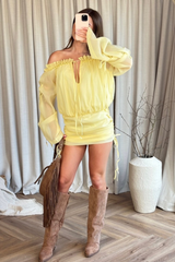 Camila lemon off shoulder sheer mini dress