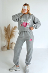 now or never melange grey printed sweater joggers premium loungewear