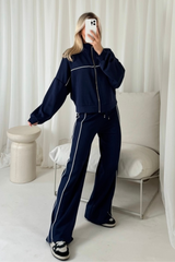 Erin navy contrast piping zip sweater & trouser loungewear