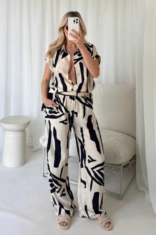 Teresa beige & black patterned shirt & trousers co ord