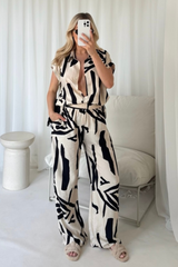 Teresa beige & black patterned shirt & trousers co ord co-ord