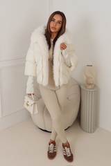 Verity cream hooded puffer coat with faux fur trim