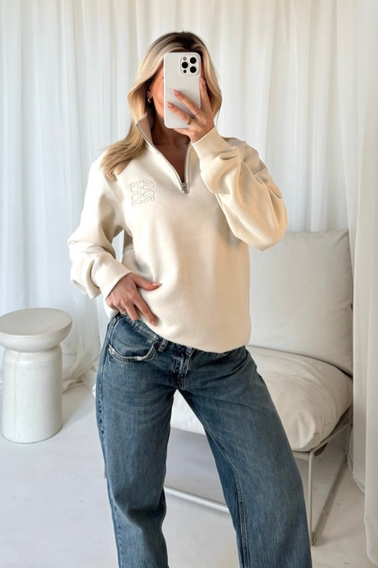 GeGe ecru embroidered 3/4 zip sweater