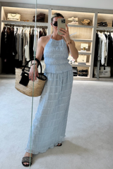 Ophelia blue chiffon open back top & maxi skirt co ord