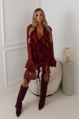 KORA BURGUNDY FRILL FULL SLEEVE SPARKLY DRESS