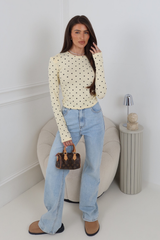 NINA BUTTER YELLOW POLKA DOT SHOULDER PADED LONG SLEEVE TOP