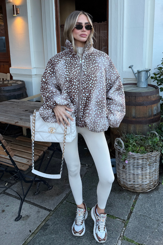 VIENNA BROWN DEER PRINT BALLOON SLEEVE PUFFER JACKET