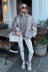 VIENNA BROWN DEER PRINT BALLOON SLEEVE PUFFER JACKET