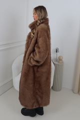 ELLE BROWN COLLARED MAXI LENGTH FAUX FUR COAT