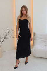 Millie black floral textured midi slip dress