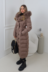 DELPHINE TAUPE LONG FUR COLLAR PUFFER JACKET