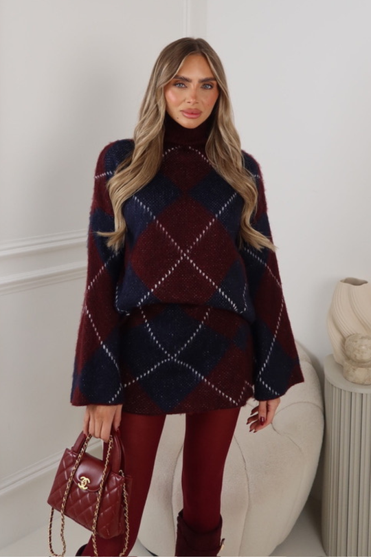 MITZI BURGUNDY CHECKED KNITTED SKIRT