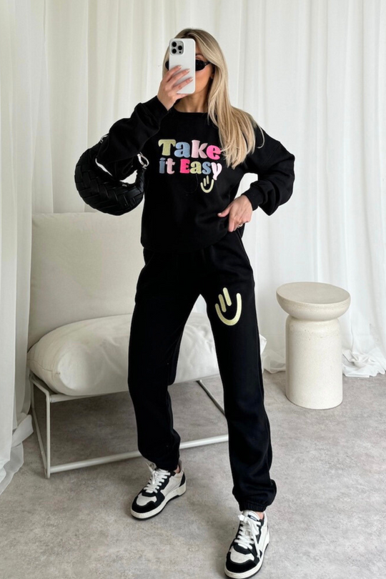 Take it easy black embroidered sweater joggers loungewear