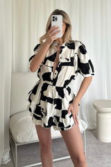 Eliana black and white puff sleeve blouse and skort co-ord