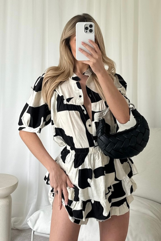 Eliana black and white puff sleeve blouse and skort co-ord
