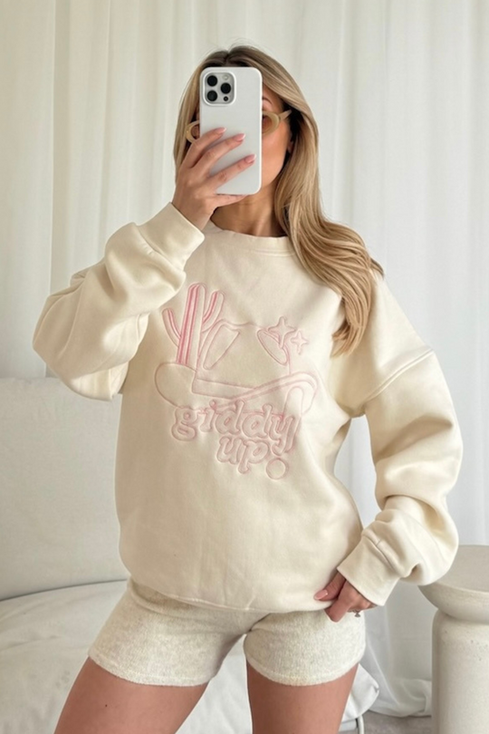 Giddy up! embroidered ecru sweater
